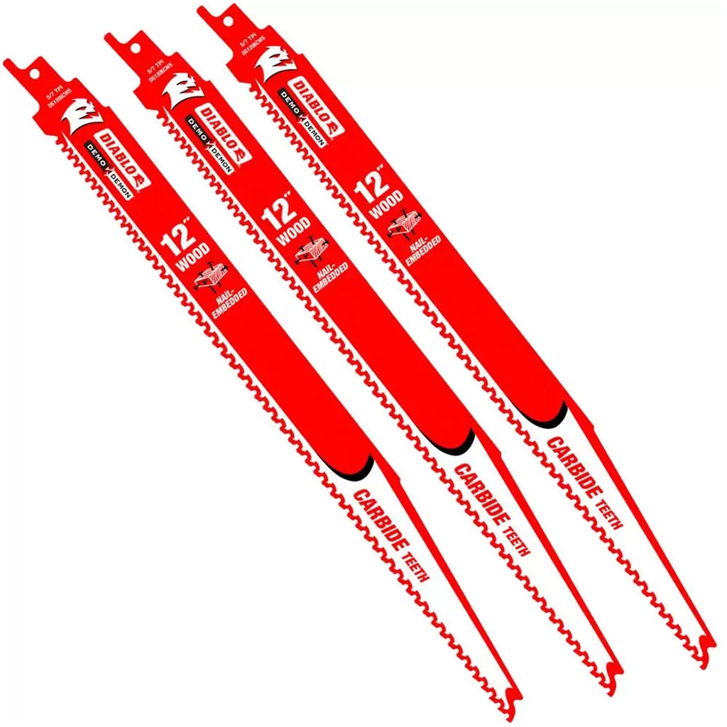 [DS1206CWS3] Diablo Demo Demon 12 in. Carbide Tipped Nail-Embedded Wood Reciprocating Saw Blade 5/7 TPI 3 Pk