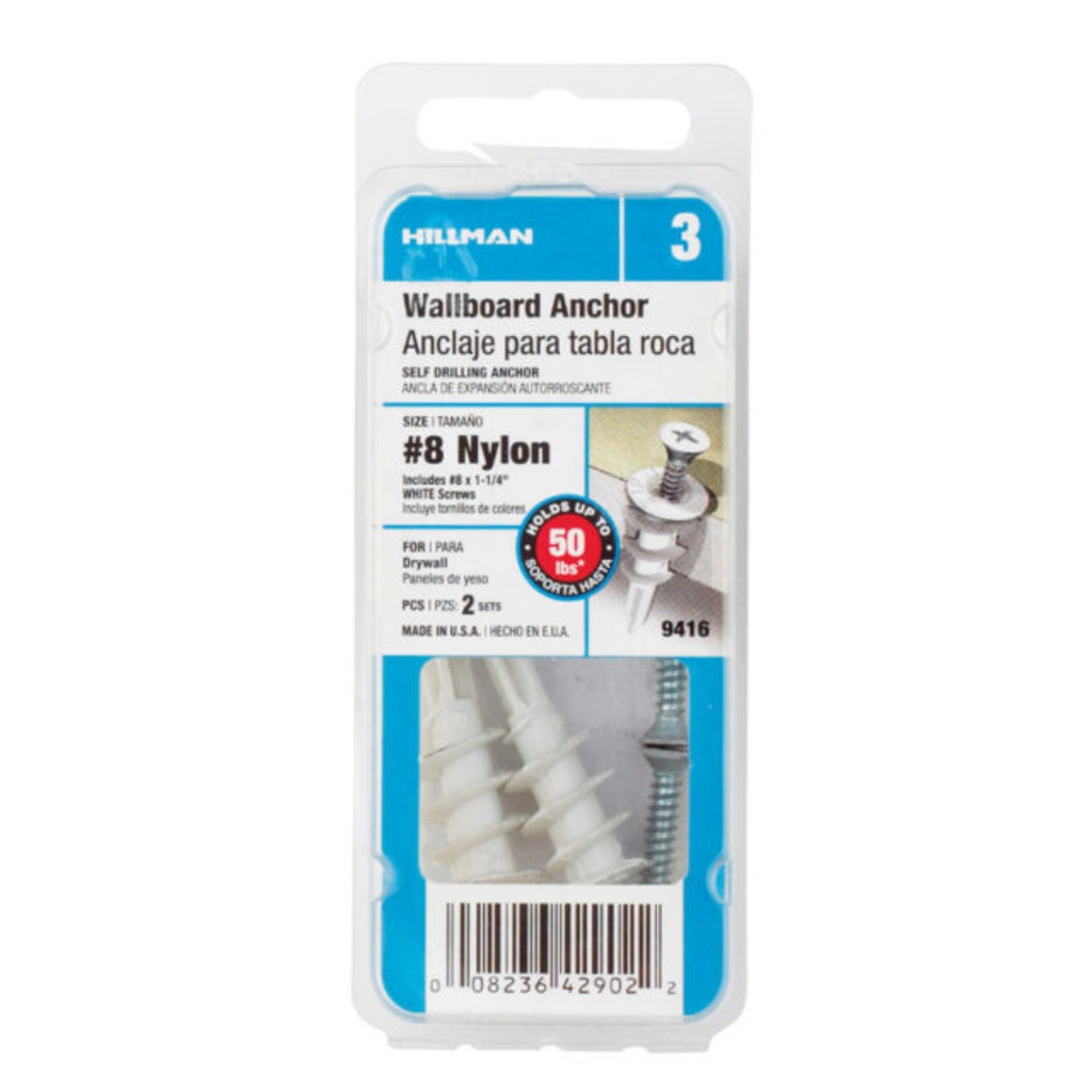Hillman 9416 No.8 Wallboard Anchor with Screw  White