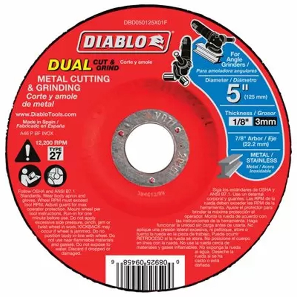 [DBD050125X01F] Diablo 5 in. D X 7/8 in. Aluminum Oxide Metal Dual Cut and Grind Disc 1 Pc