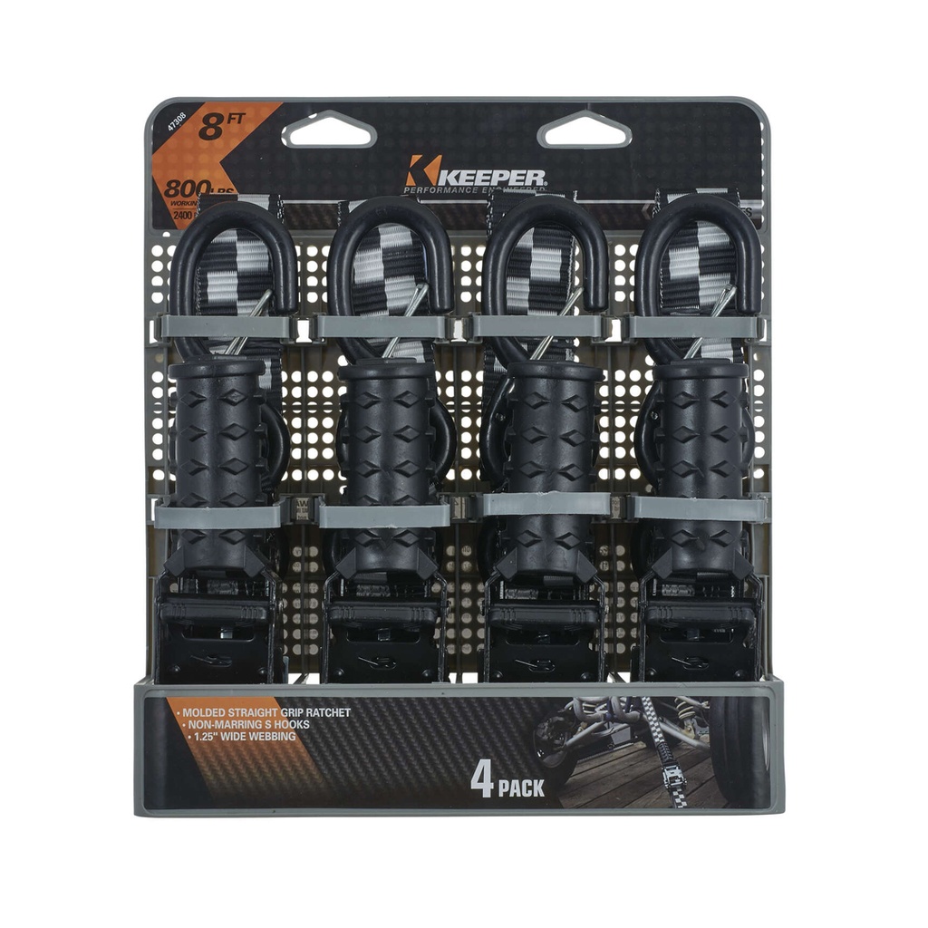 Keeper 1.25 in. W X 8 Ft. L Black/Gray Tie Down W/Ratchet 800 Lb 4 Pk