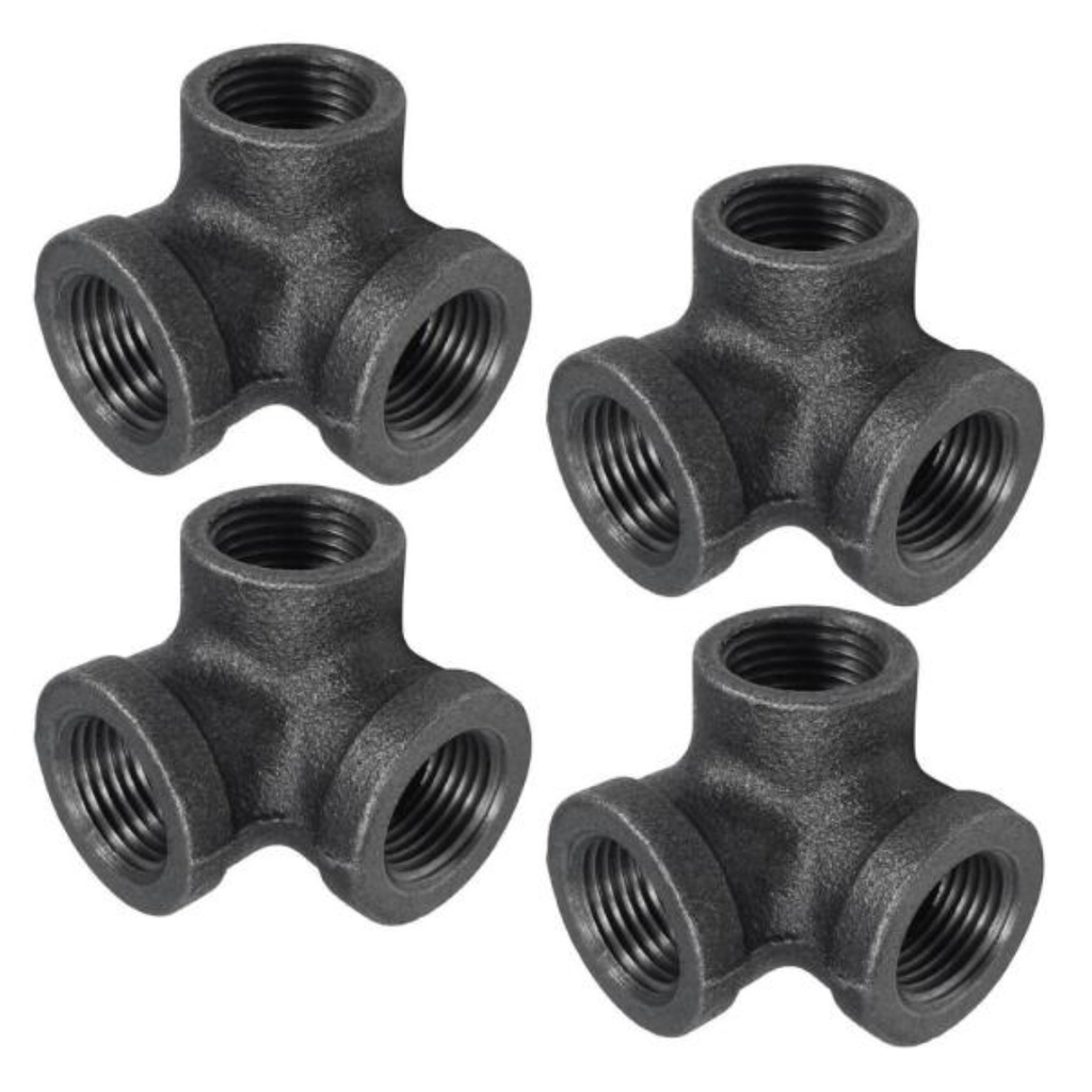 STZ Pipe Decor 1/2 in. 3-Way Black Iron 90° Pipe Side Outlet Elbow (4-Pack), Industrial Steel Gray