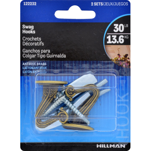 122232 Antique Brass Swag Hooks, 2 Count