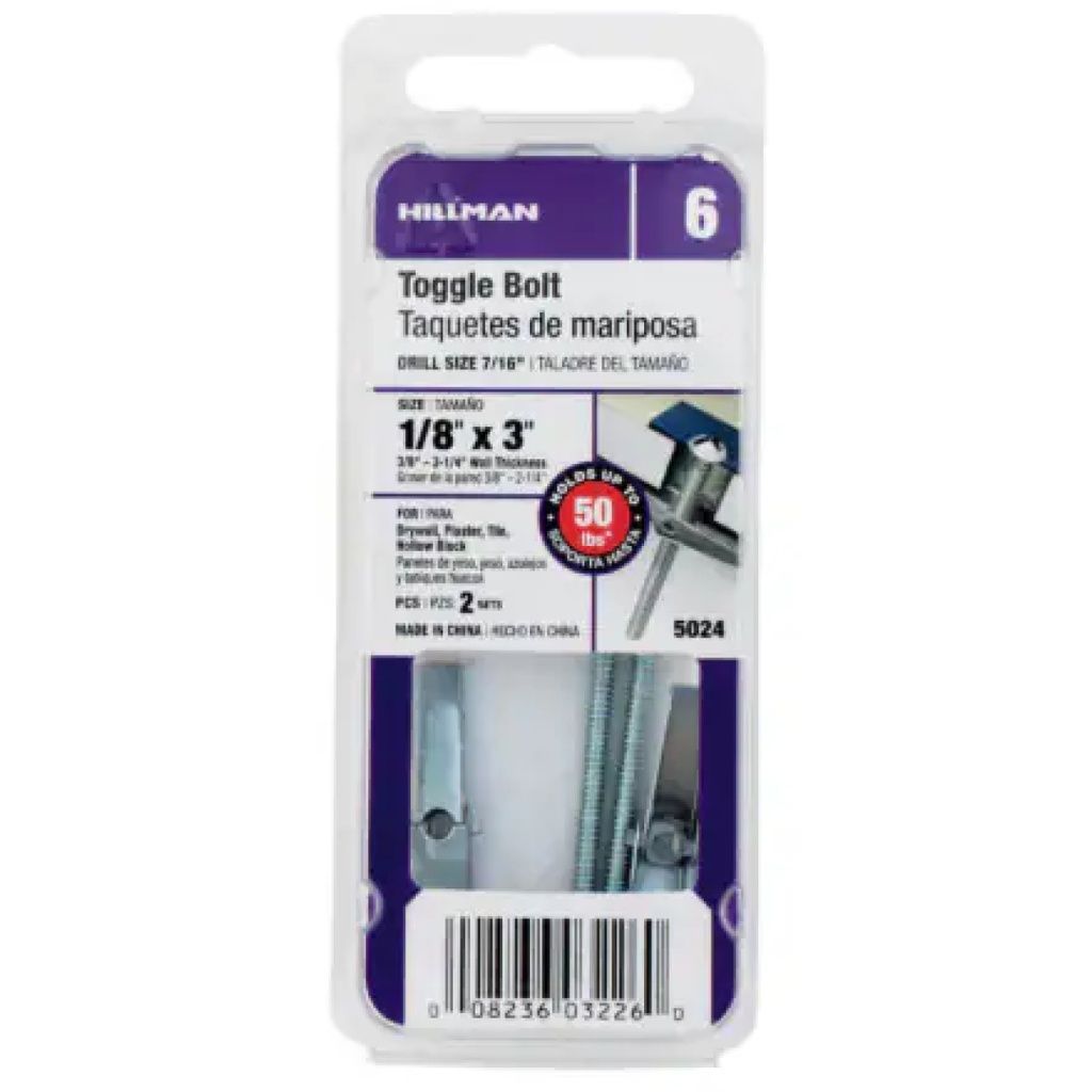 Hillman 1/8 in. Dia. X 3 in. L Round Steel Toggle Bolt 2 Pack
