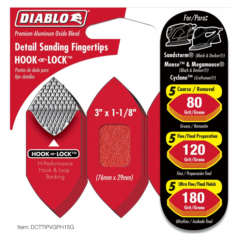 [DCTTIPVGPH15G] Diablo 3 in. L X 1-1/8 in. W 80/120/180 Grit Aluminum Oxide Detail Sanding Fingertips 15 Pk