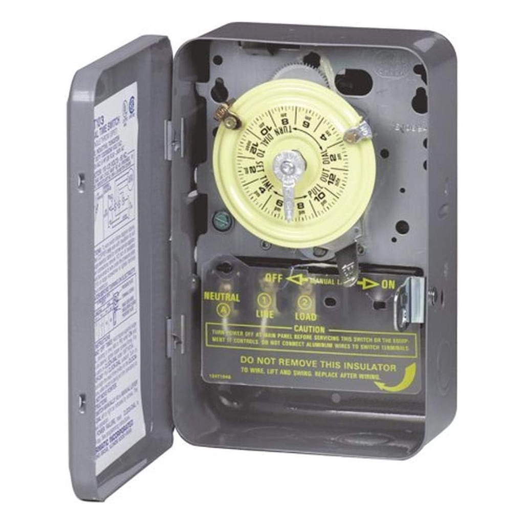 [450011260] T100 Series 40 Amp 24-Hour Indoor Mechanical Timer with Double Pole Single Throw Switching 240 VAC, Gray