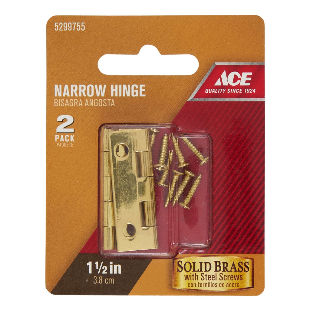 Ace 7/8 in. W X 1-1/2 in. L Polished Brass Brass Narrow Hinge 2 Pk