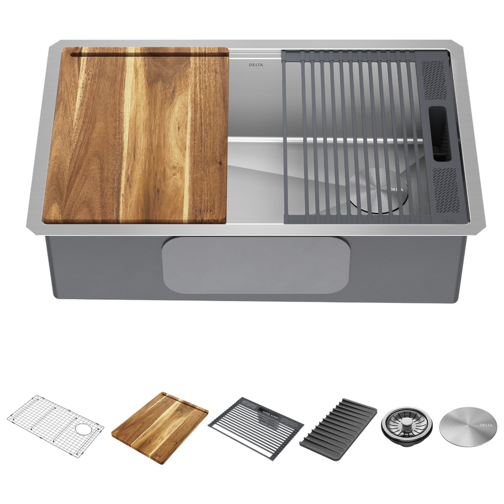 [95B932-30S-SS] Delta 95B932-30S Lorelai 30” Workstation Kitchen Sink Undermount   Stainless Steel Single Bowl with WorkFlow Ledge and Accessories Stainless