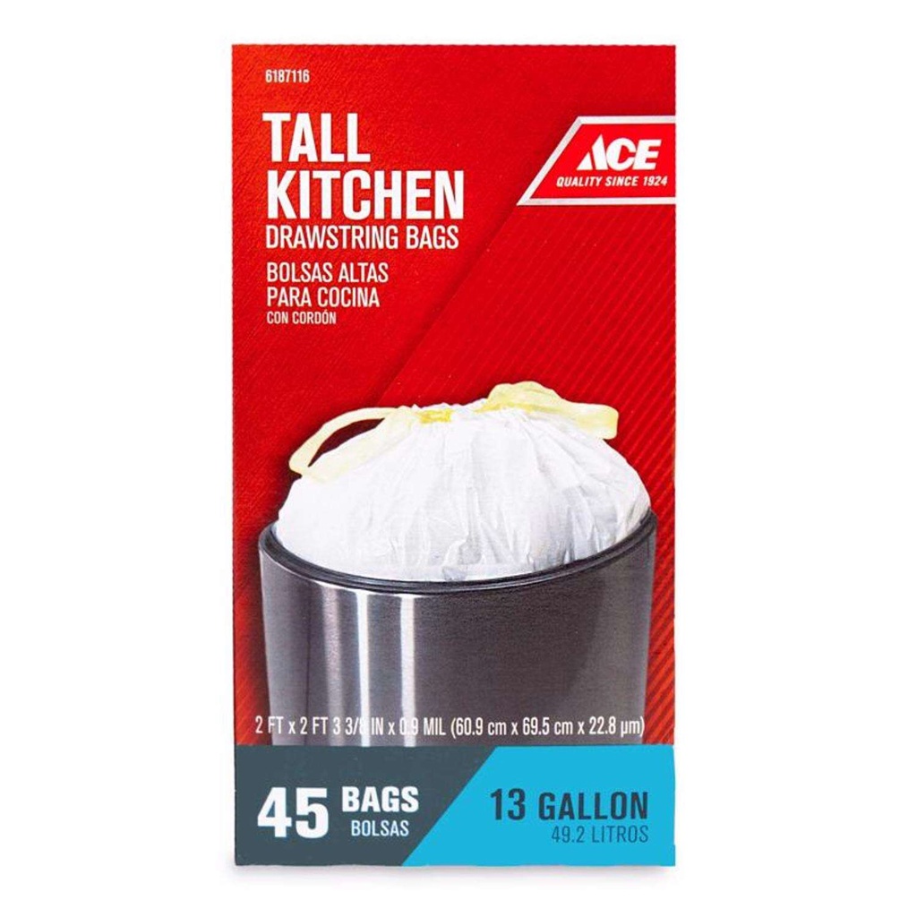 Ace 13 Gal Tall Kitchen Bags Drawstring 45 Pk - Total Qty: 6; Each Pack Qty: 45; Total Items Rec: 270