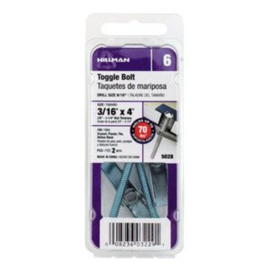 [5028] Hillman 1/4 in. Dia. X 4 in. L Round Steel Toggle Bolt 2 Pack