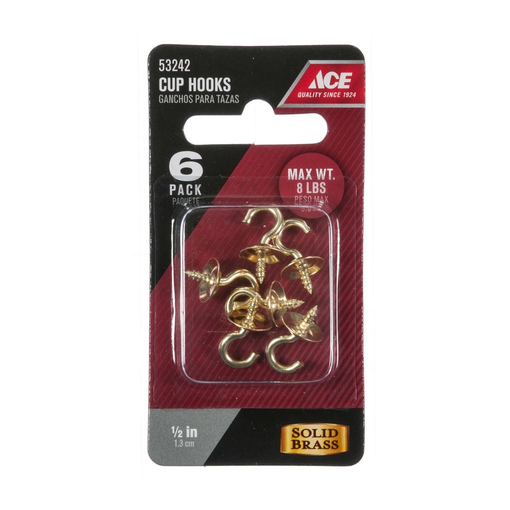 1/2  Solid Brass Cup Hooks Ace Hooks and Eyes 53242 Polished Brass Solid Brass