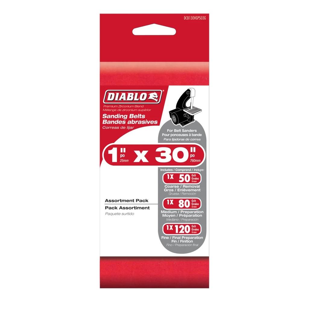 [DCB130VGPS03G] Diablo 30 in. L X 1 in. W Assorted Grit Zirconium Oxide Sanding Belt 3 Pk