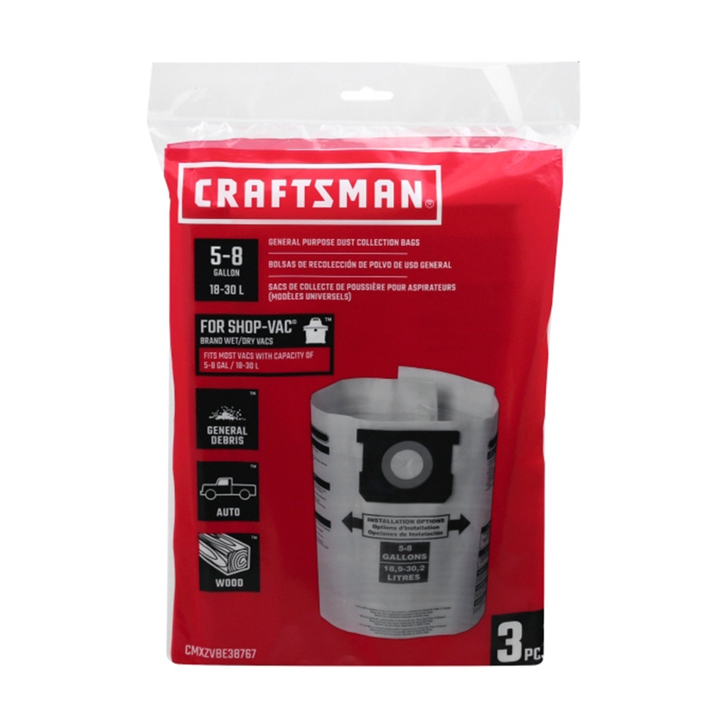 Craftsman 1 in. L X 9.5 in. W Wet/Dry Vac Filter Bag 5-8 Gal 2 Pc