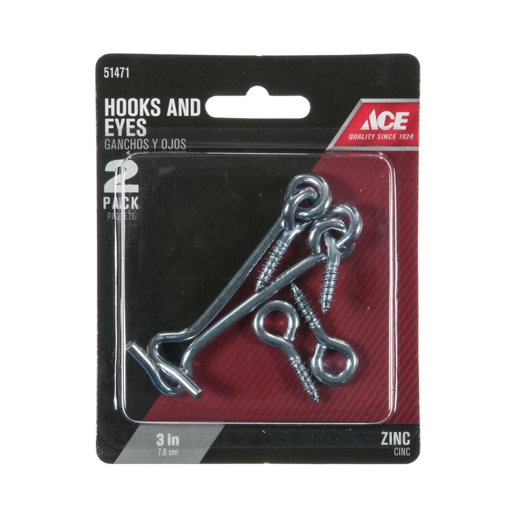 [51471] 3  Zinc Hook and Eyes Ace Hooks and Eyes 51471 Zinc Steel 082901135043