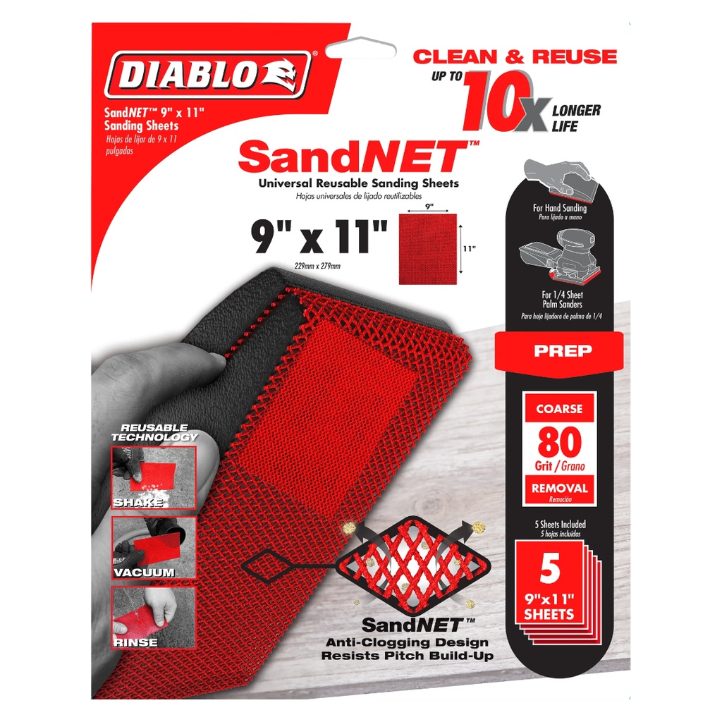 [DND911080H05G] Diablo SandNet 11 in. L X 9 in. W 80 Grit Ceramic Sanding Sheet 5 Pk