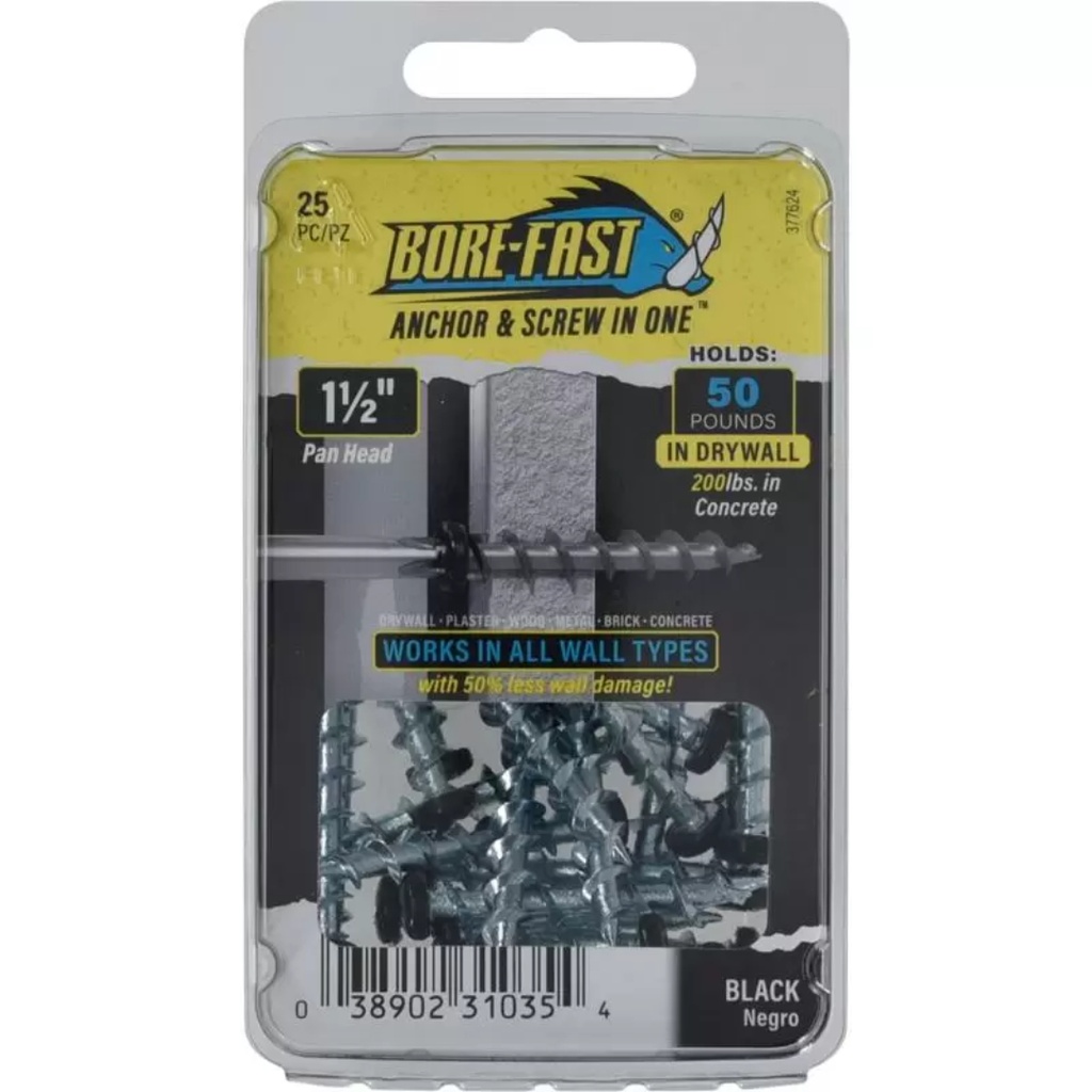 Bore-Fast 3/16 in. D X 1-1/2 in. L Steel Pan Head Screw and Anchor 25 Pc