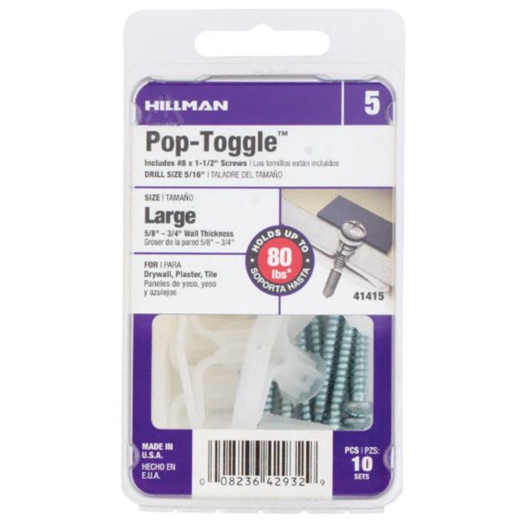 [41415] Hillman 5/8 in. Dia. X 1-1/2 in. L Zinc Pan Head Pop-Toggle Anchors 10 Pack