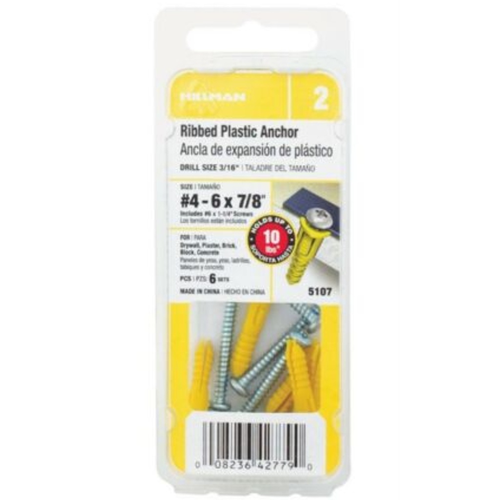 Hillman 0.164 in. Dia. X 7/8 in. L Plastic Pan Head Ribbed Anchor 6 Pack