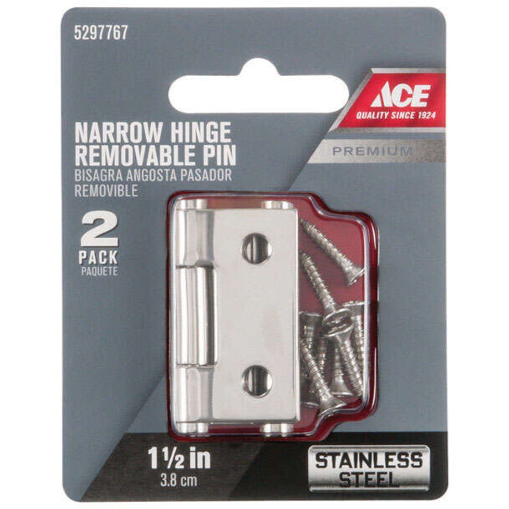 [5297767] Ace .95 in. W X 1-1/2 in. L Stainless Steel Silver Stainless Steel Narrow Hinge 2 Pk