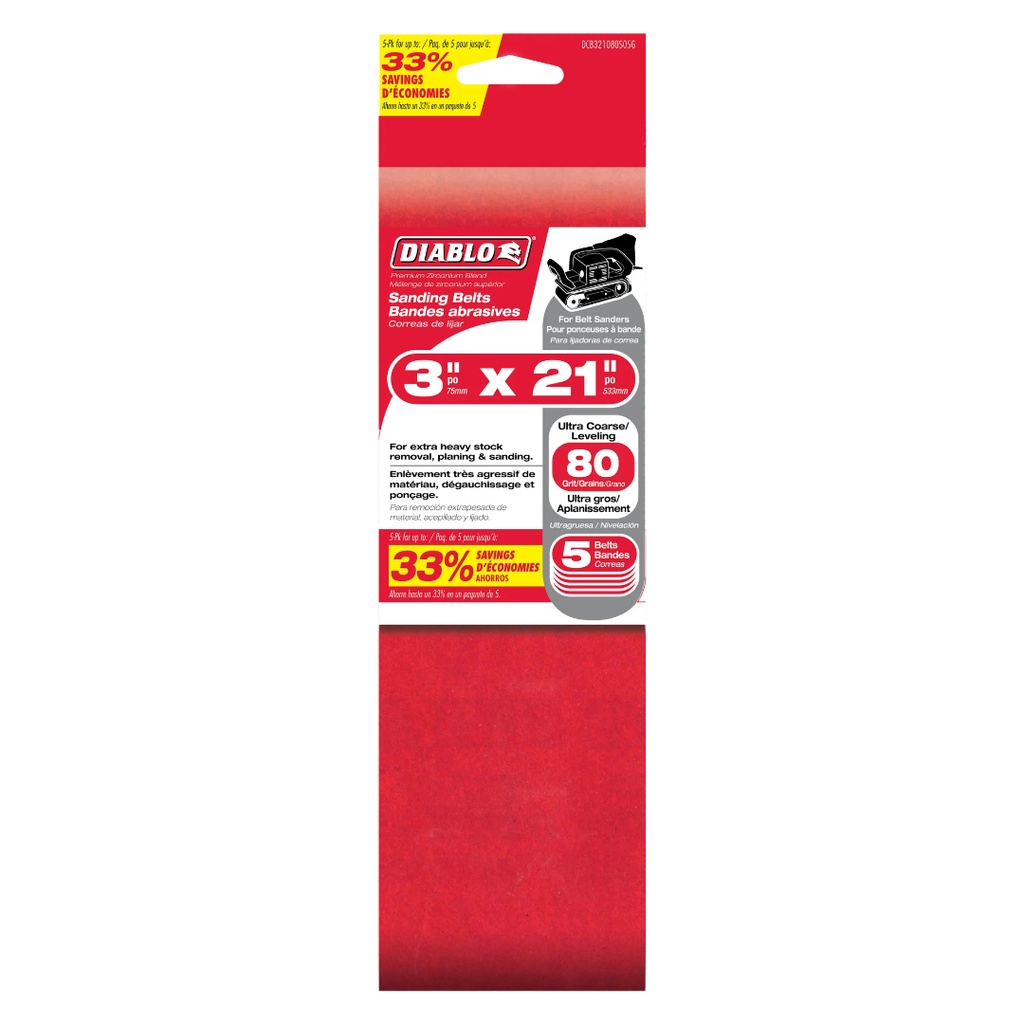 Diablo 21 in. L X 3 in. W Premium Zirconium Blend Sanding Belt 80 Grit Medium 5 Pk