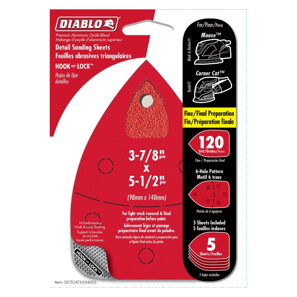 [DCTDET120H05G] Diablo MegaMouse 4-3/16 in. Aluminum Oxide Hook and Lock Sanding Sheets 120 Grit Fine