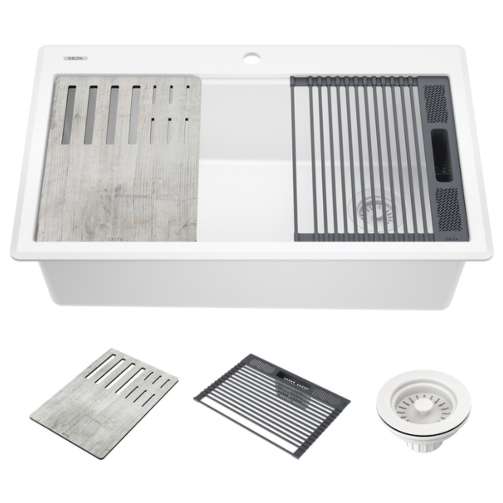 Delta 75A933-33S Everest 33” Workstation Kitchen Sink Top Mount Drop-in Granite Composite Single Bowl with WorkFlow Ledge and Accessories White Sink