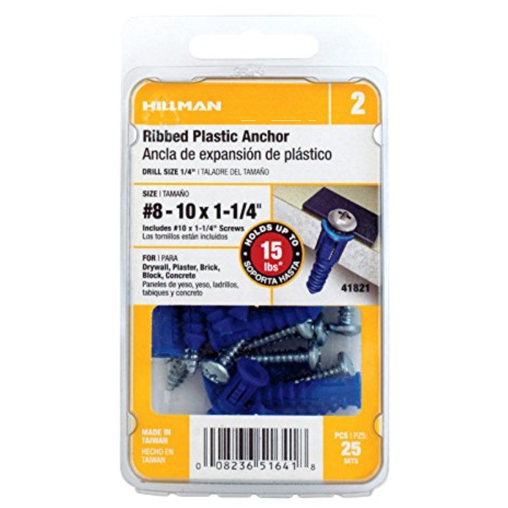 Hillman 0.164 in. Dia. X 1-1/4 in. L Plastic Ribbed Head Ribbed Anchor 25 Pack