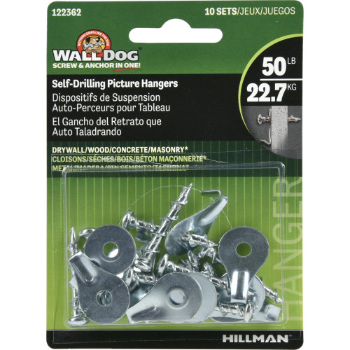 Hillman WALL DOG Chrome Gold Self-Drilling Picture Hanger 50 Lb. 10 Pack