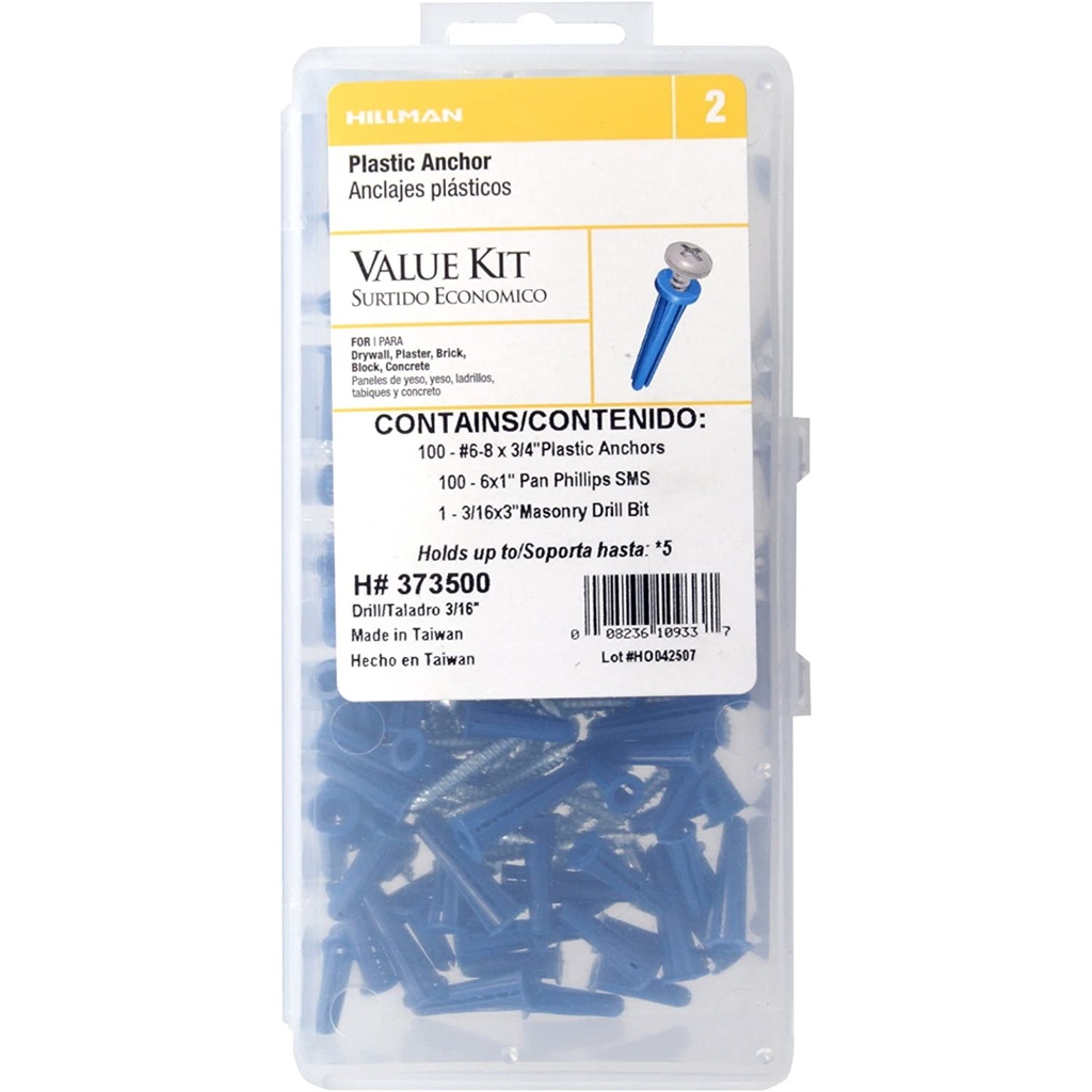 [373500] HILLMAN .138 in. D X 3/4 in. L Plastic Pan Head Conical Anchor Kit 201 Pk