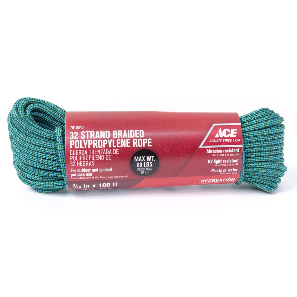 [7810948] Ace 3/16 in. D X 100 in. L Green Diamond Braided Polypropylene Rope