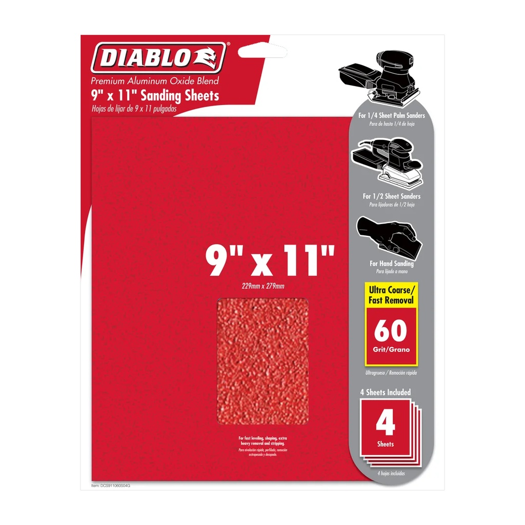 [DCS911060S04G] Diablo 9 in. L X 11 in. W 60 Grit Aluminum Oxide Sanding Sheet 4 Pk