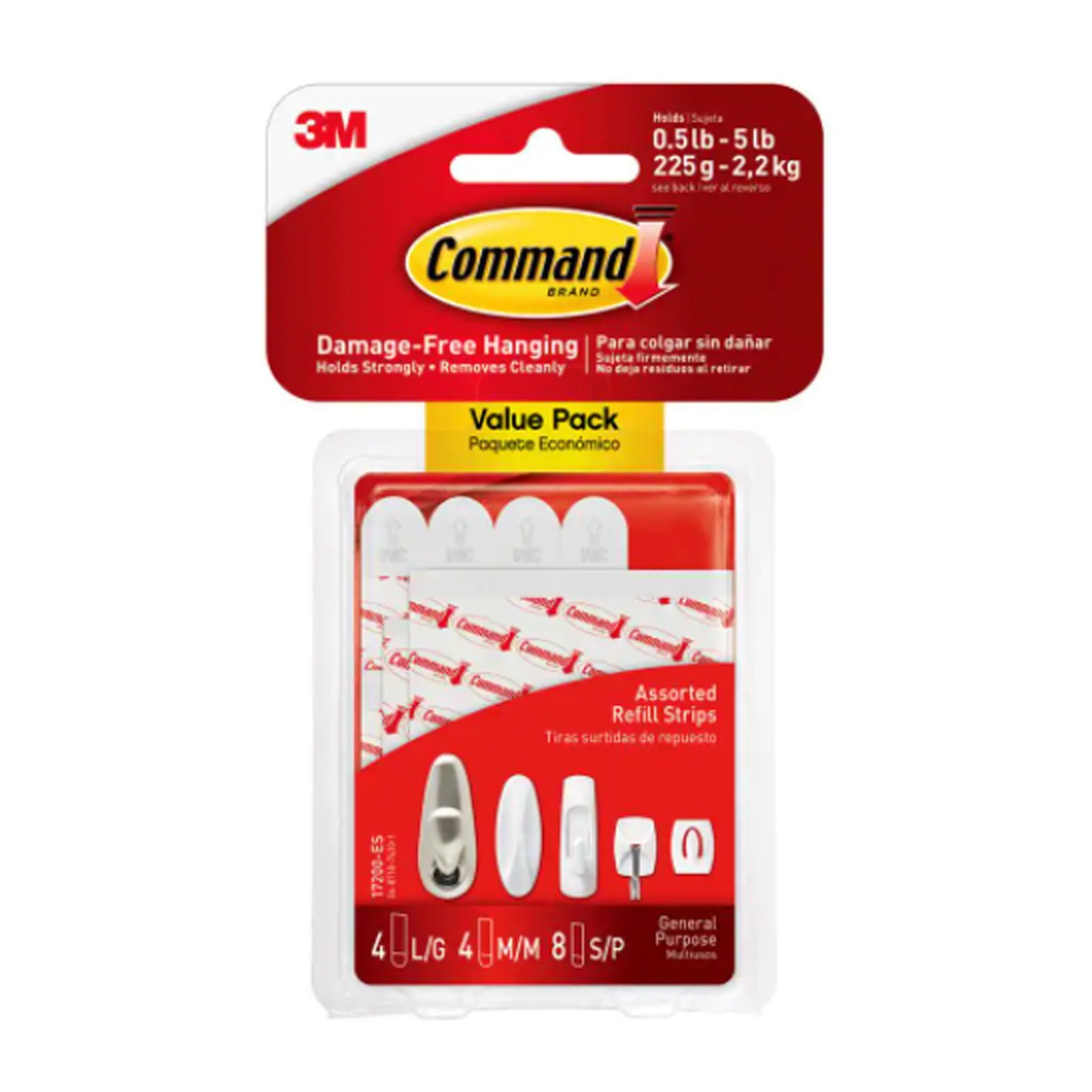 Command Refill Strips White: Adhesive Hooks, Plastic, 16 Pack, Max 5 Lb Capacity