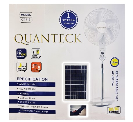 QFX Quanteck Pedestal 18" Solar Fan, 44"H X 18"W X 18"D, White