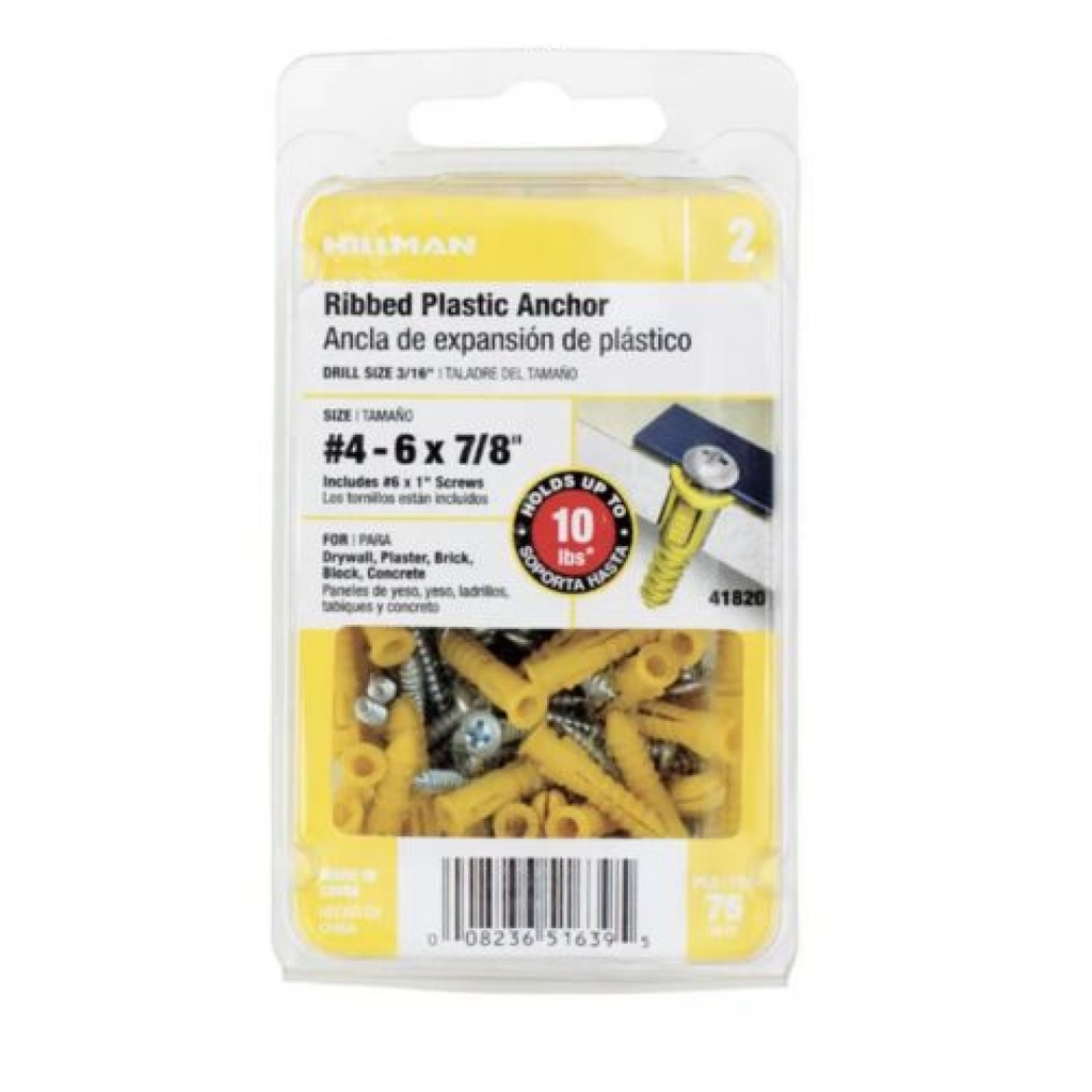 [41820A] Hillman 0.164 in. Dia. X 7/8 in. L Plastic Pan Head Ribbed Anchor 75 Pack