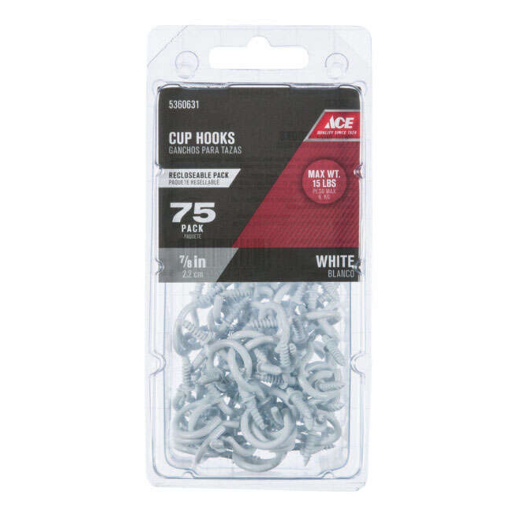Ace Small White Steel 1.3125 in. L Cup Hook 15 Lb 75 Pk