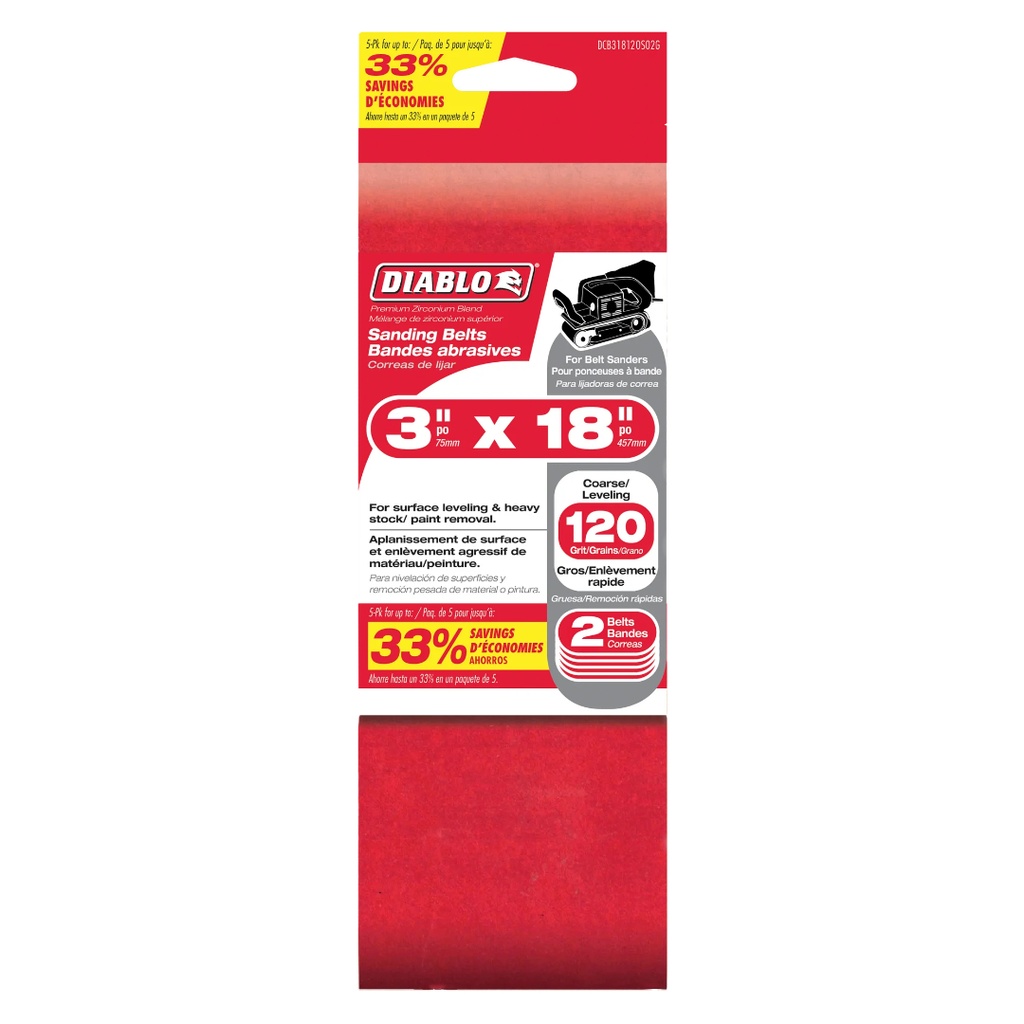 [DCB318120S02G] Diablo 18 in. L X 3 in. W Premium Zirconium Blend Sanding Belt 120 Grit Fine 2 Pk