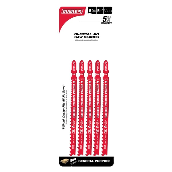 Diablo 5-1/4 in. Bi-Metal T-Shank General Purpose Jig Saw Blade 5/10 TPI 5 Pk