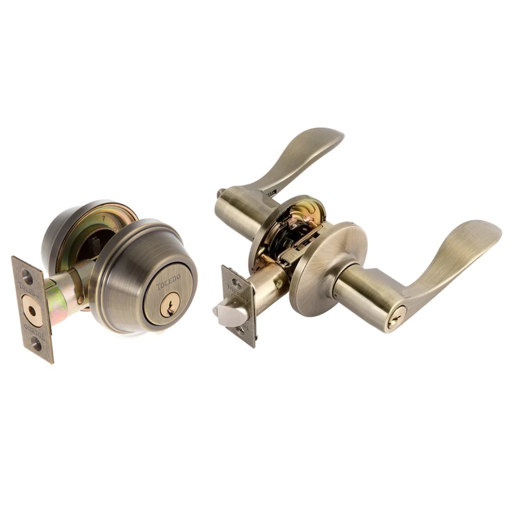 New Toledo Fine Locks Antique Brass Privacy Bed/Bath Door Knob Lock Set