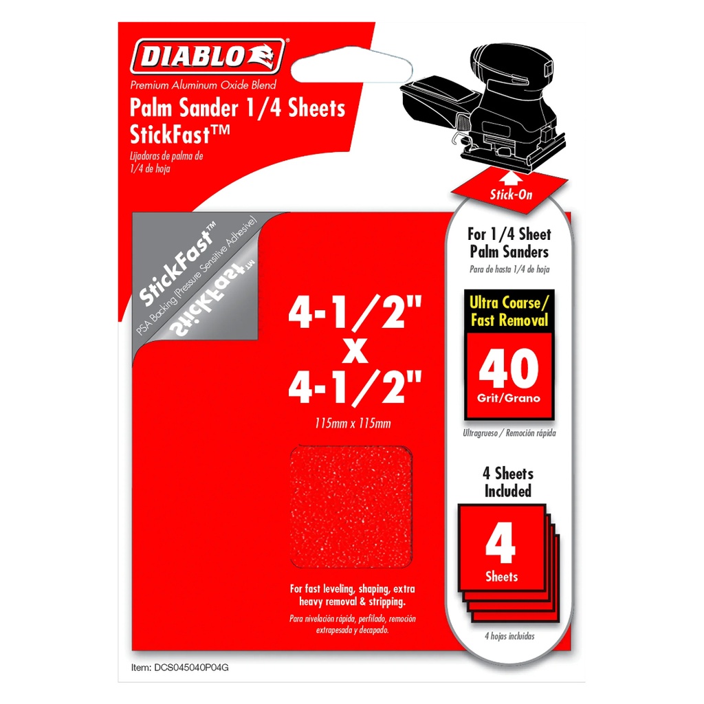 Diablo StickFast 4-1/2 in. L X 4-1/2 in. W 40 Grit Aluminum Oxide Sanding Sheet 4 Pk