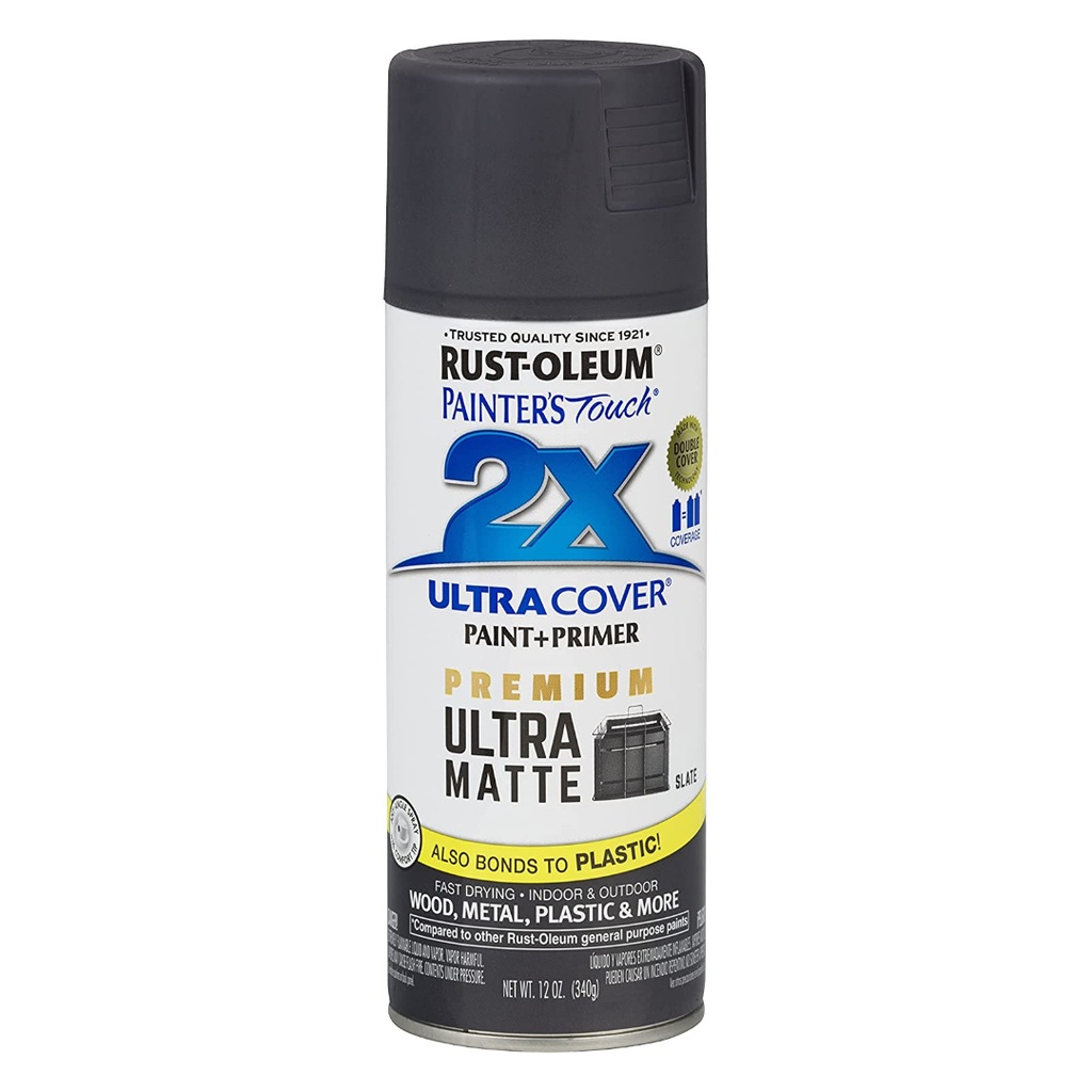 Rust-Oleum 12oz Painters Touch 2X Ultra Cover Spray Paint Matte Slate: Enamel Finish for Interior & Exterior Surfaces