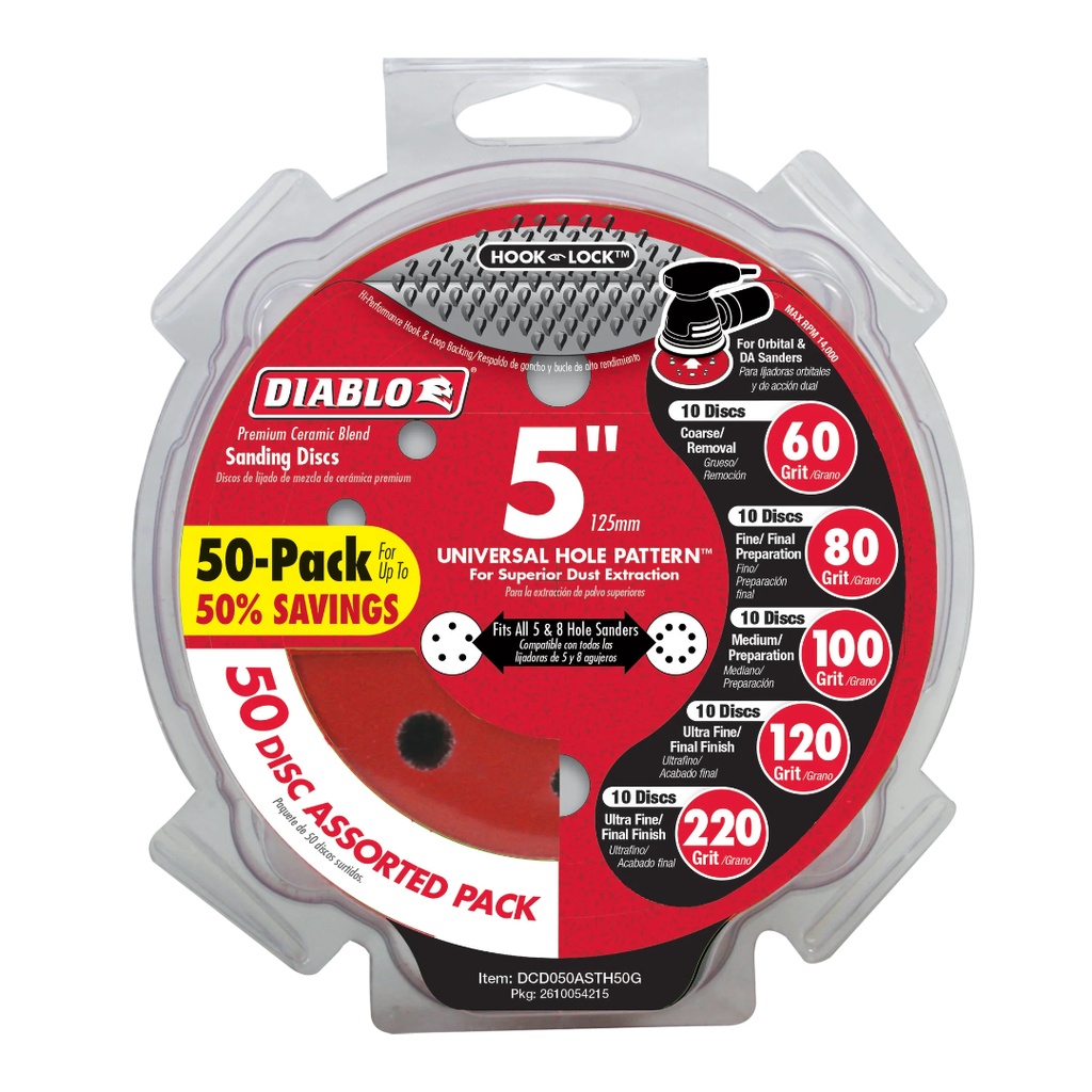 [DCD050ASTH50G] Diablo Hook and Lock 5 in. L X 5 in. W Ceramic Blend Assorted Drywall ROS Disk
