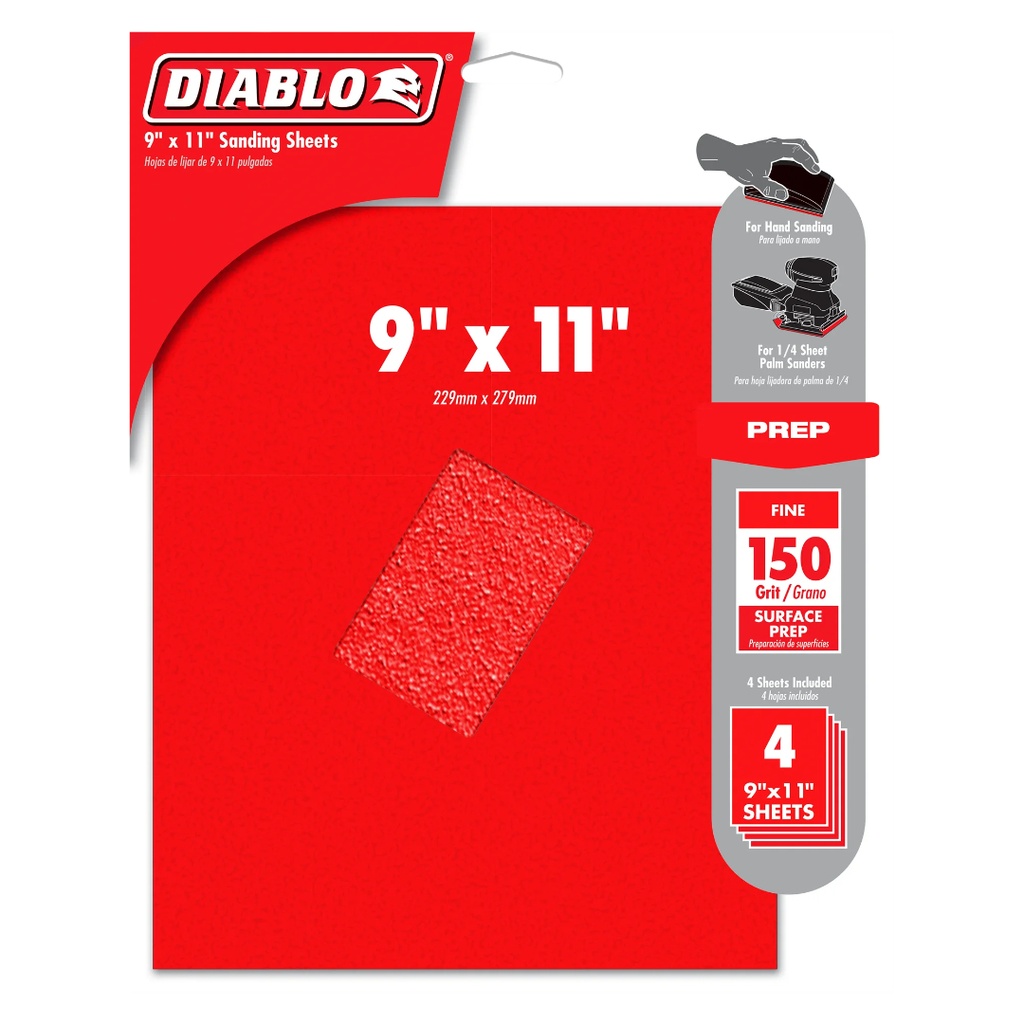 [DCS911150S04G] Diablo 9 in. L X 11 in. W 150 Grit Aluminum Oxide Sanding Sheet 4 Pk