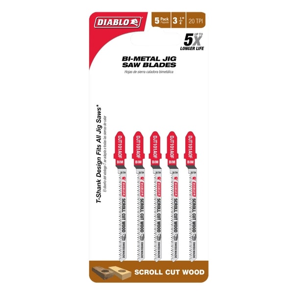 [DJT101AOF5] Diablo 3-1/4 in. Bi-Metal T-Shank Scroll Cut Wood Jig Saw Blade 20 TPI 5 Pk