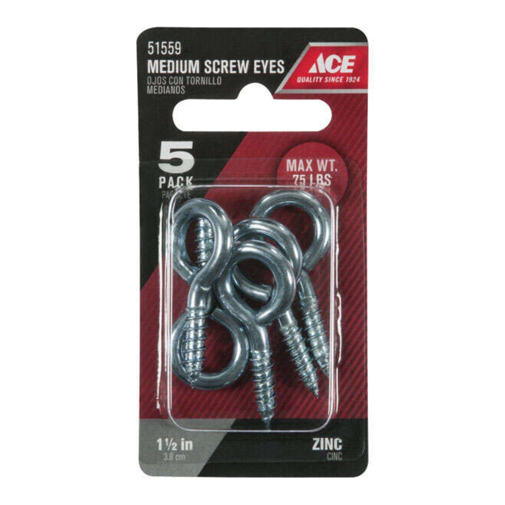 5Pk 1-1/2  Medium Screw Eyes 75 Lbs Ace Hooks and Eyes 51559 Zinc Steel