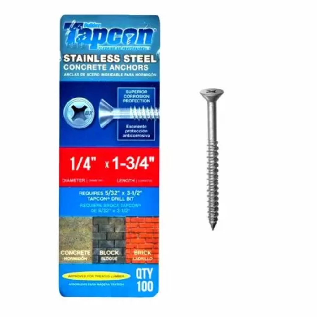 Tapcon 1/4  X 1-3/4  Stainless Steel Phillips Flat Head Concrete Anchor Screws 3374907 | 100 Pack | Drill Bit Included