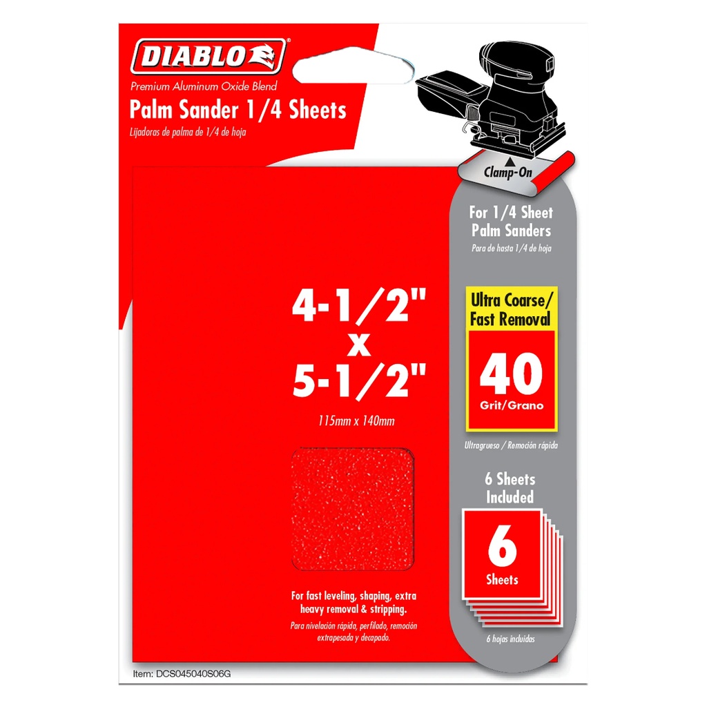 Diablo 5-1/2 in. L X 4-1/2 in. W 40 Grit Aluminum Oxide 1/4 Sheet Sandpaper 6 Pk