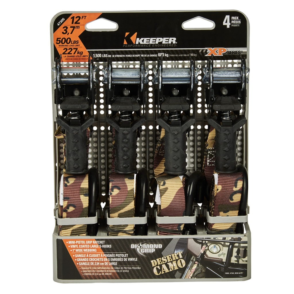 Keeper 1 in. W X 12 Ft. L Camo Tie Down W/Ratchet 500 Lb 4 Pk