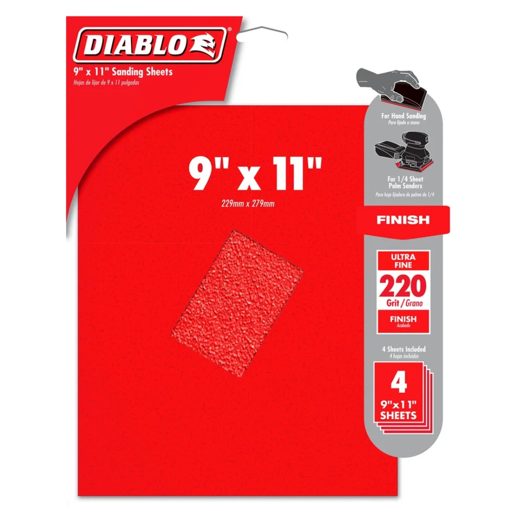 [DCS911220S04G] Diablo 9 in. L X 11 in. W 220 Grit Aluminum Oxide Sanding Sheet 4 Pk