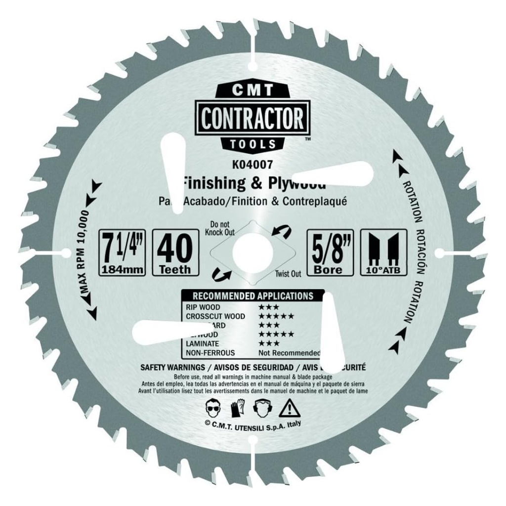 CMT K04007 ITK Contractor Finishing Saw Blade, 7-4 X 40 Teeth, 10° ATB with 5/8-Inch Bore