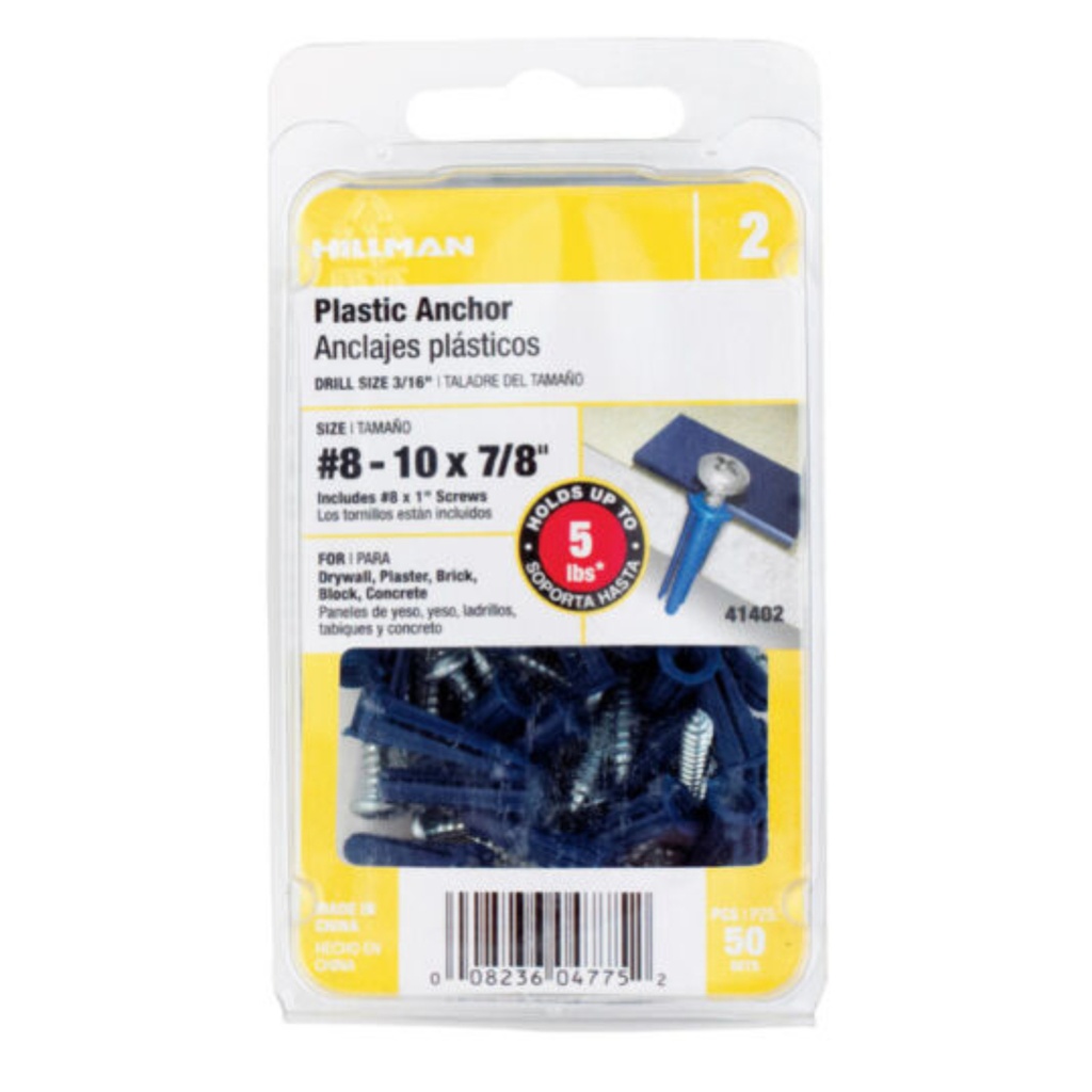 [041402] HILLMAN .164 in. D X 0.88 in. L Plastic Pan Head Conical Anchor 50 Pc