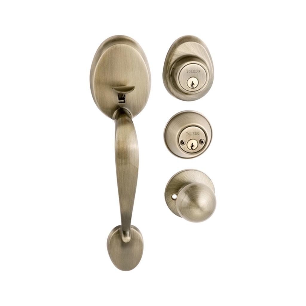 TOLEDO Double Cylinder Door Handleset Adjustable Backset Keyed Antique Brass
